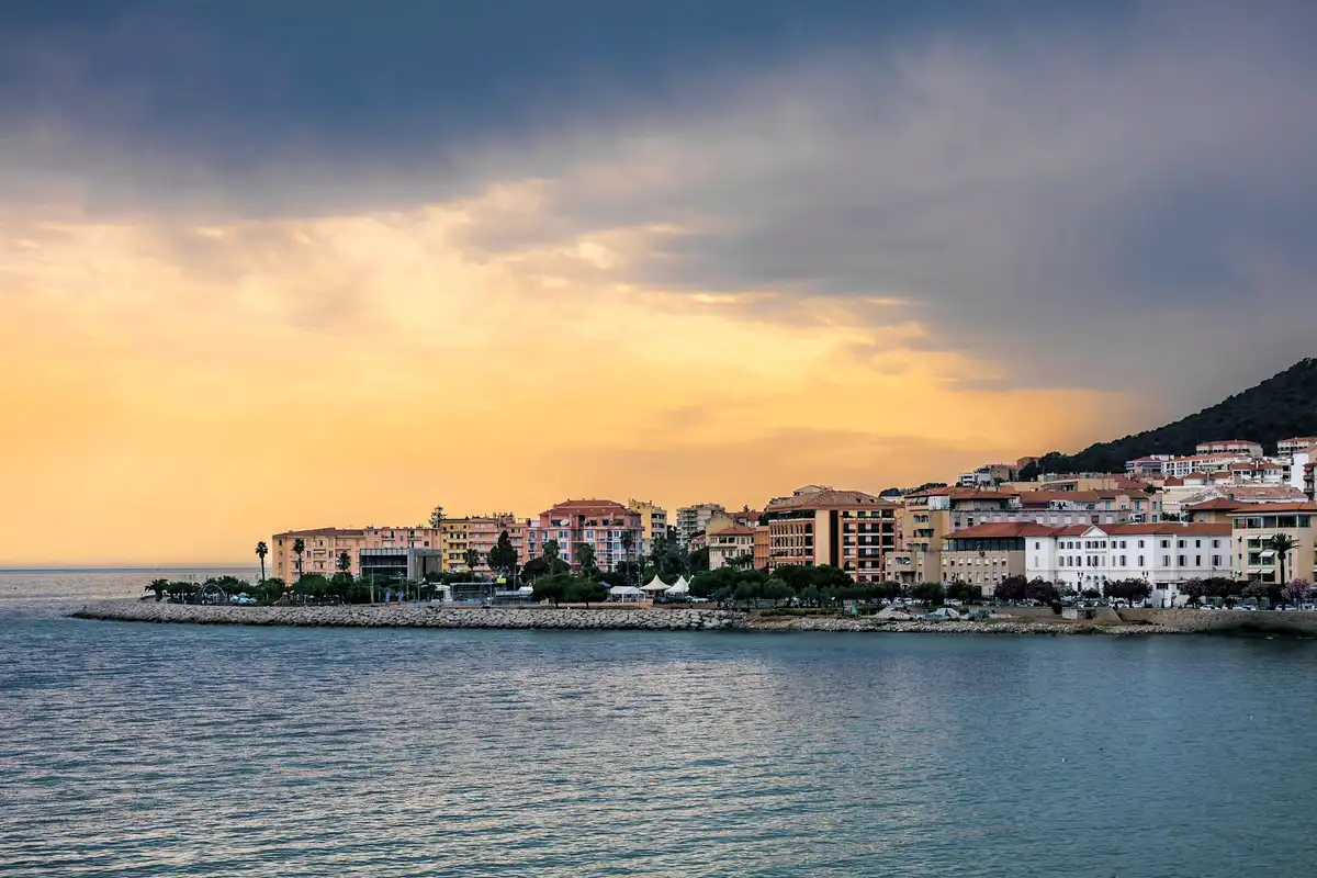 A coastal town in warm evening light
